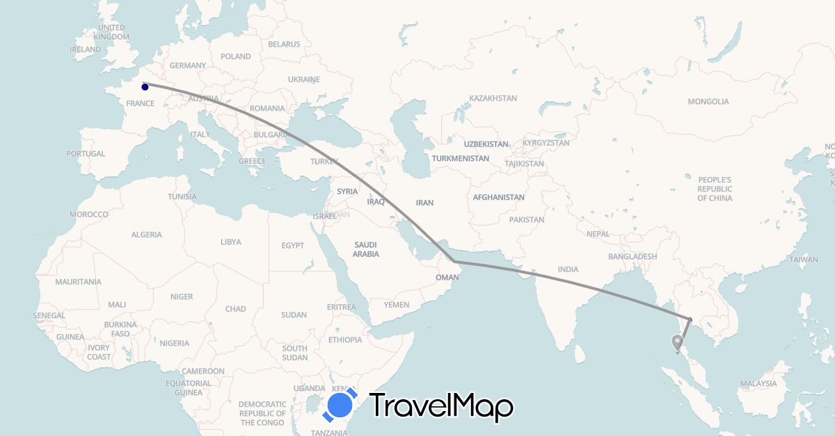TravelMap itinerary: driving, plane, train, hiking, boat, motorbike in France, Oman, Thailand (Asia, Europe)